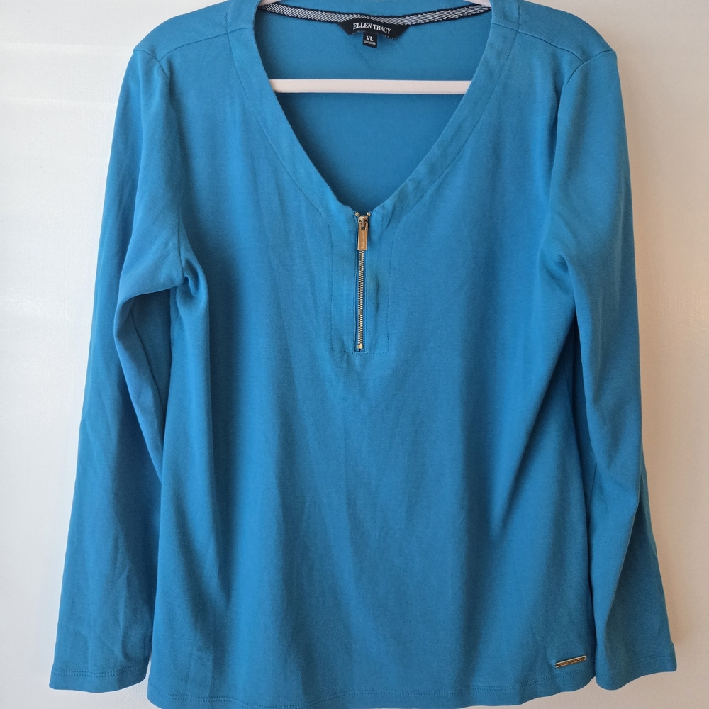 Teal Zip V-Neck Long Sleeve Top